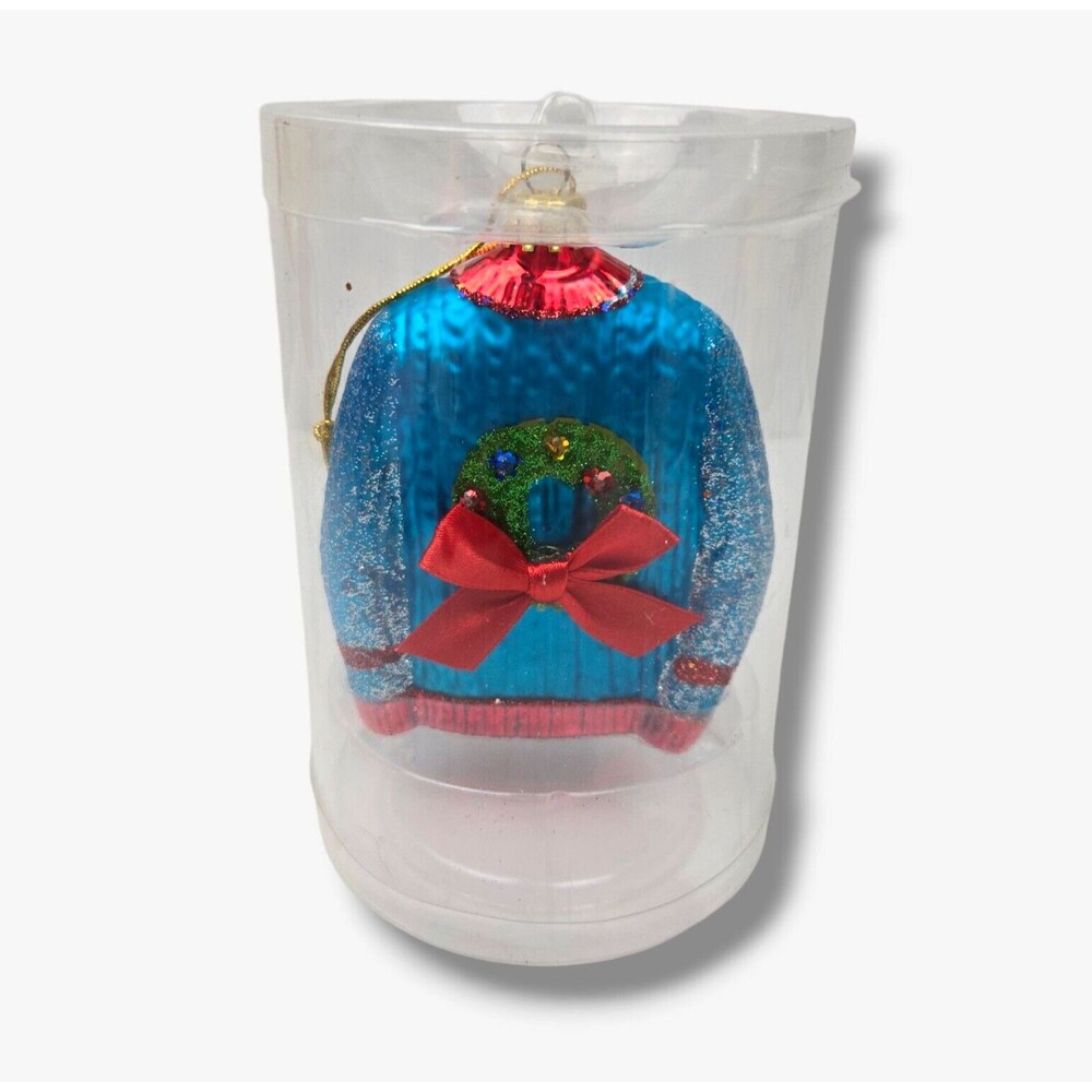 Aldi Blown Glass Blue Ugly Sweater Christmas Ornament Holiday Wreath Red Bow NEW
